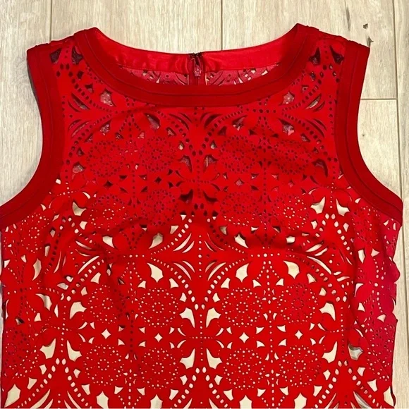 Tadashi Shoji Red Laser Cut Suede Sheath Knee Length Dress Size medium - Picture 8 of 16